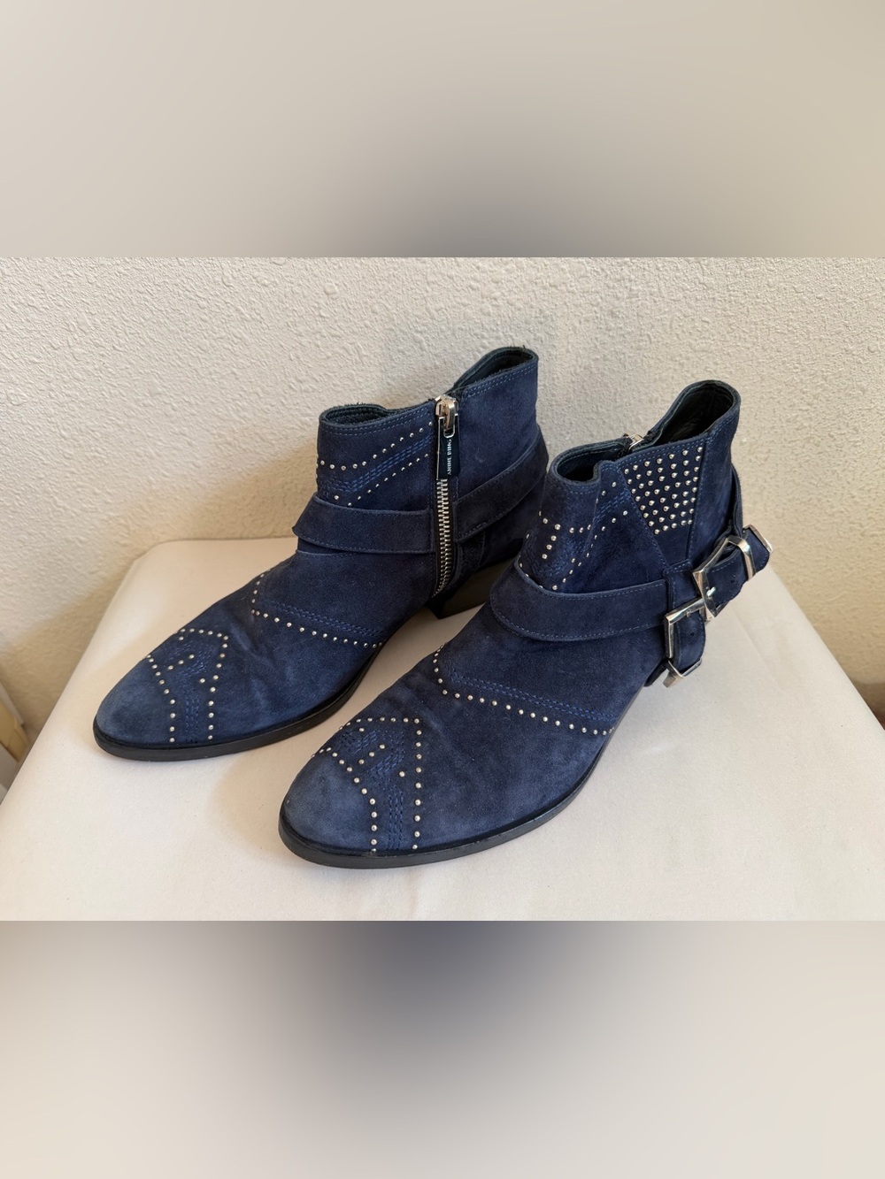 Anine Bing Bianca Navy Suede Studded Motto Ankle Boots Booties 37 US 7